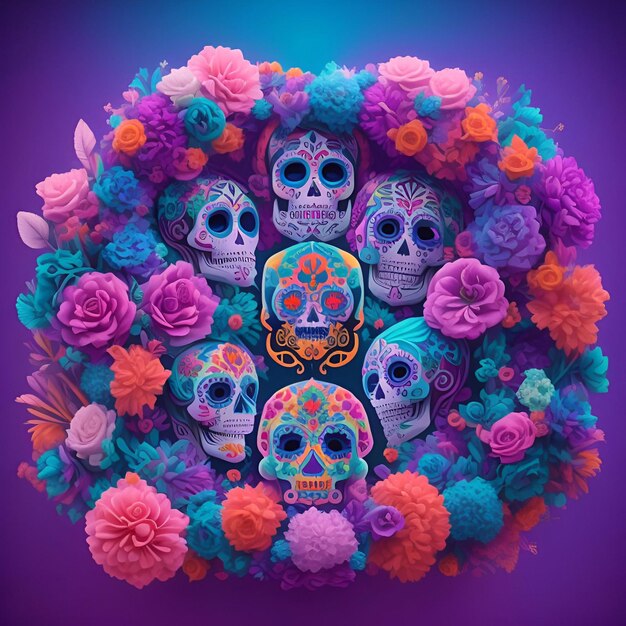 Day of the dead soft pastel painted skull head candle flower altar background generative ai cinematic day lighting