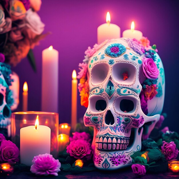 Day of the dead soft pastel painted skull head candle flower altar background generative ai cinematic day lighting