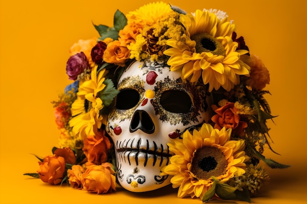 Маска сахарного черепа Day of the Dead с цветами на желтом фоне Generative AI