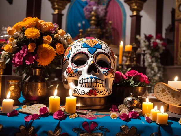 Day of the dead sugar skull with candles bread and flowers altar decoration