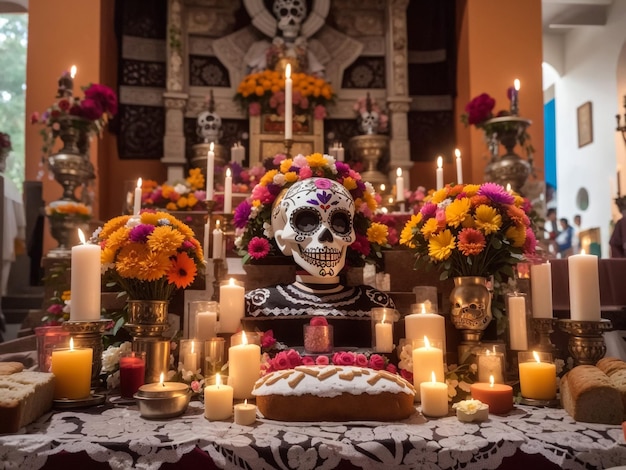 Day of the dead sugar skull with candles bread and flowers altar decoration