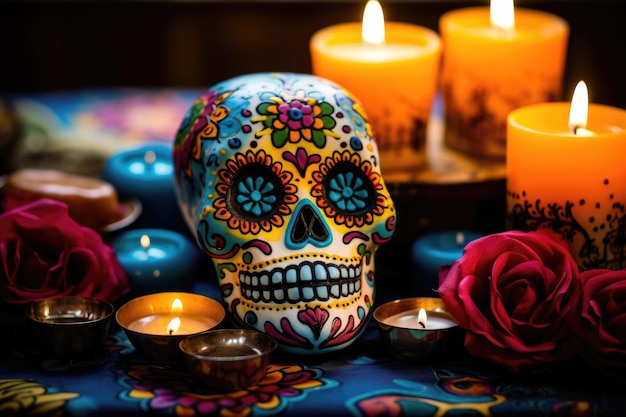 Day of the Dead Sugar Skull with flowers and candles Generative AI