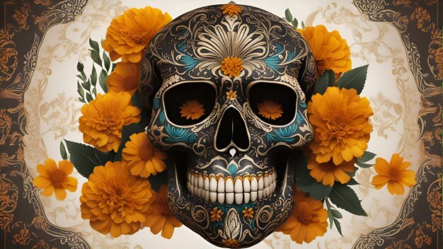 Day of the dead sugar skull with marigold flowers vector illustration