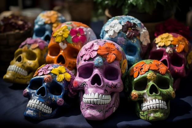 Day of the dead sugar skulls colorful flowers generative ai