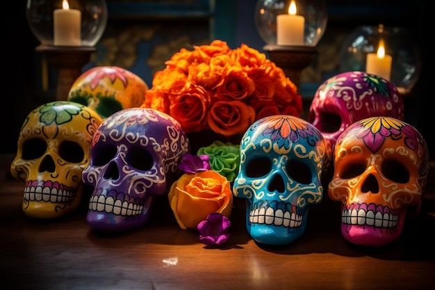 Day of the dead sugar skulls colorful flowers generative ai