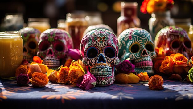 Day of the Dead Sugar Skulls and Orange Roses