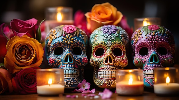 Day of the Dead sugar skulls with flowers Generative AI