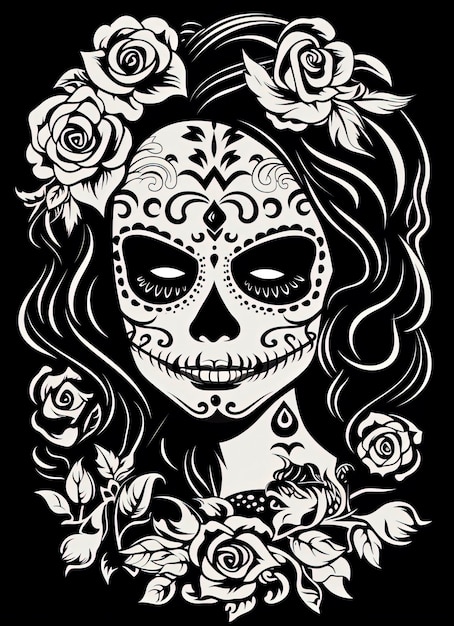 Photo day of the dead vector linocut style retro vintage isolated black and white image