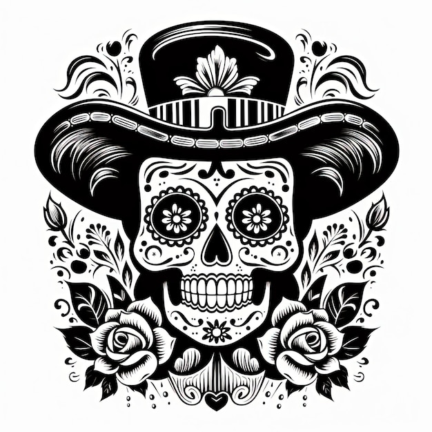 Photo day of the dead vector linocut style retro vintage isolated black and white image