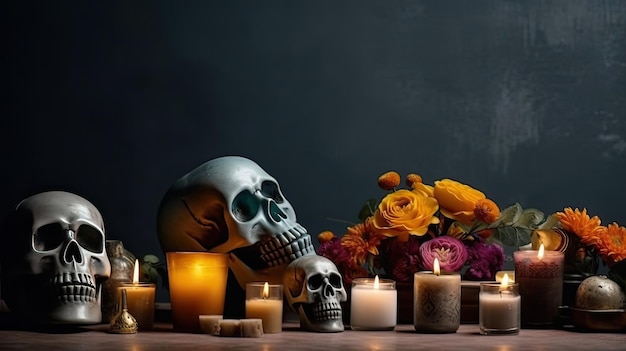 Day of the Dead with skulls candles and flowers on black background