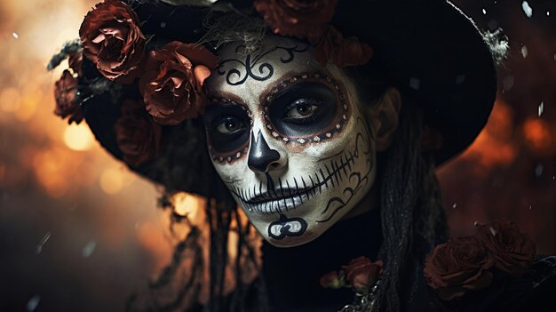 Photo day of the dead woman closeup skull face