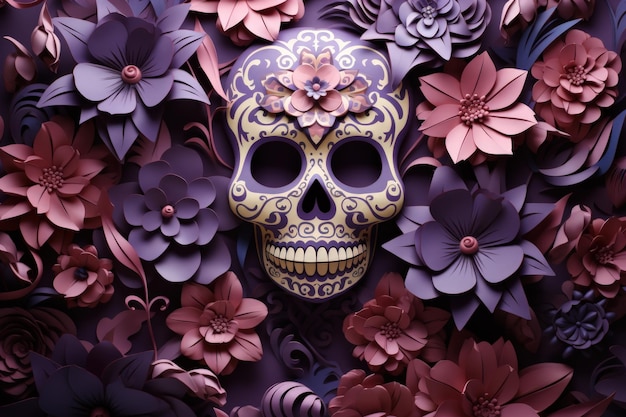 死の日の頭蓋骨を花のコンセプトの背景で飾る