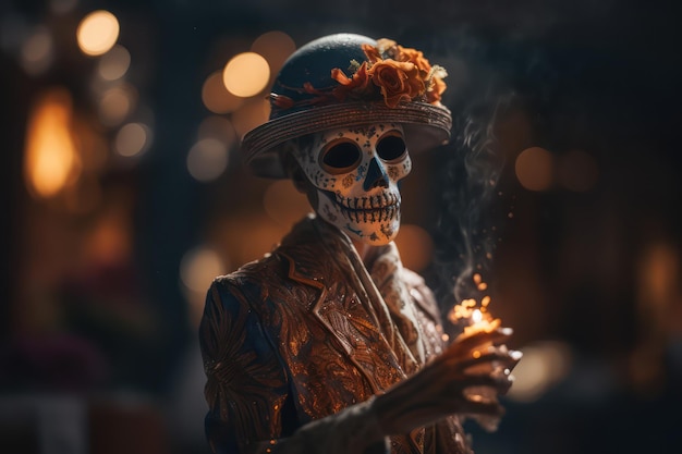 Day of the death skull holding candle background 4k wallpaper