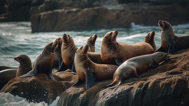 ビーチでリラックスし海で狩りをしている海獅子の一日