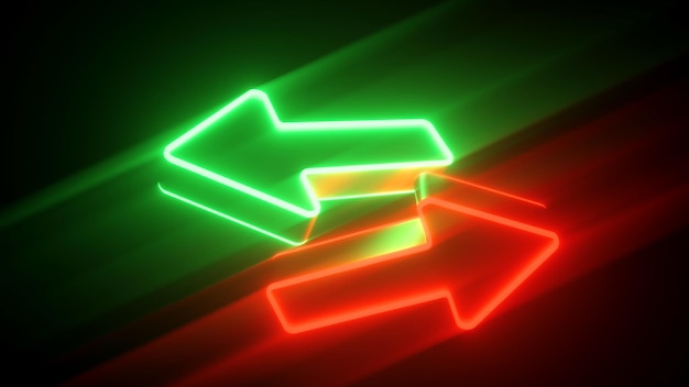 Day neon arrows in green and red glow 3d rendering