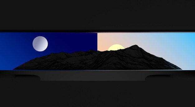Day and night against the backdrop of a mountain abstract plot\
the concept of morning and evening the sun and moon against the\
background of mountains on a black podium stand 3d render
