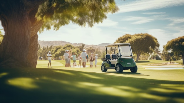 リゾートゴルフコースの1日良い天気美しいコースのレイアウトフロントのゴルファーが歩いているゴルフカート