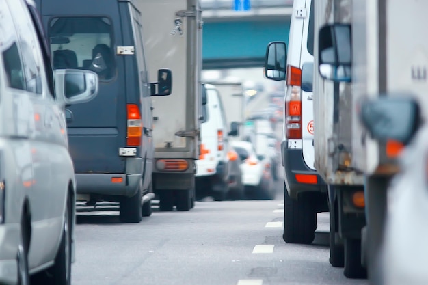 day traffic traffic jam in the city on the highway cars / transport concept, city traffic metropolis view landscape