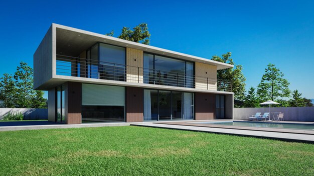 Day view of modern designed doublestory house with grass yard and swimming pool 3d rendering