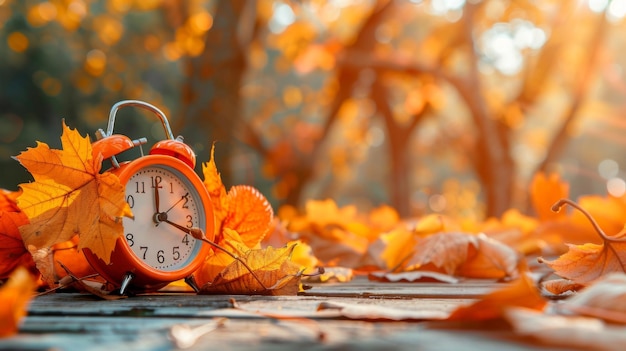 Фото Летнее время будильник и оранжевые листья на деревянном столе осеннее время осеньское время меняется