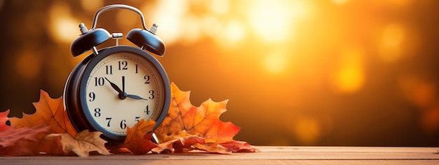 Photo daylight saving time alarm clock and orange color leaves on wooden table