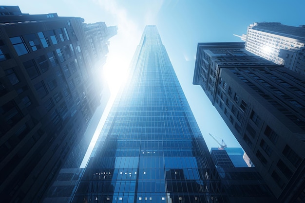 オフィスタワーが街のスカイラインにシームレスに組み込まれている日光のシーン