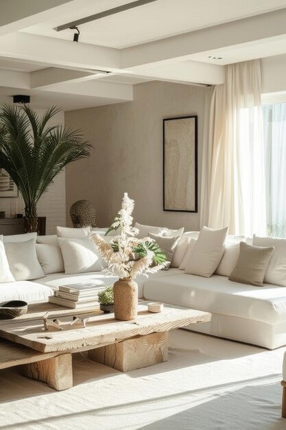 A daylightenriched living room in a contemporary home showcasing a stylish and creative interior design in a soothing white and beige palette simple yet elegant