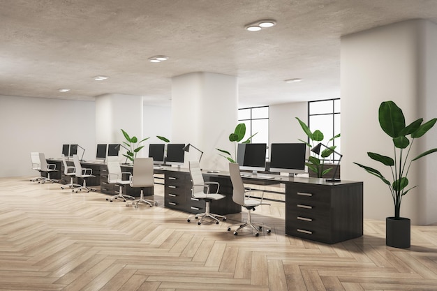 Daylit wooden and concrete coworking office interior with empty computer screens furniture decorative plants and windows Workplace and nobody concept 3D Rendering