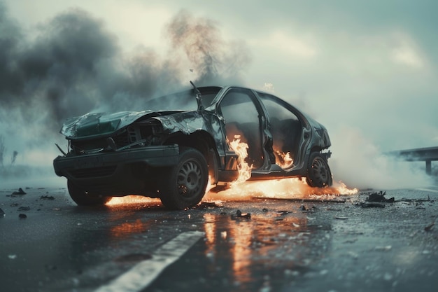 Daytime crash scene with burning vehicle after collision