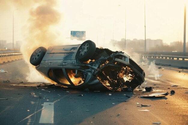 Photo daytime crash scene with burning vehicle after collision