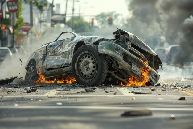 Foto scena di un incidente diurno con un veicolo in fiamme sulla strada