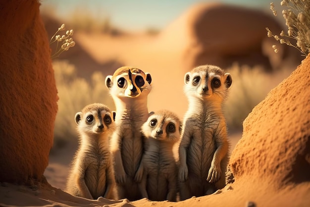 Daytime photos of adorable suricat meerkats in the desert