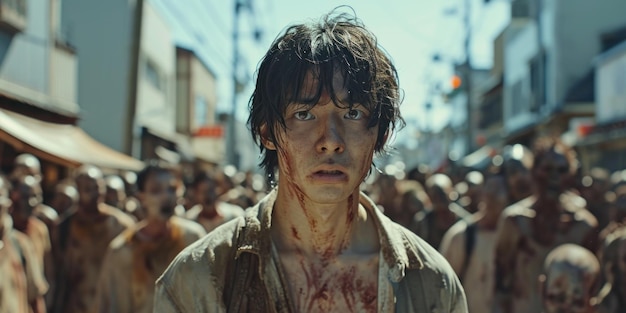 Daytime portrait of an Asian man on a busy street filled with a crowd of zombies