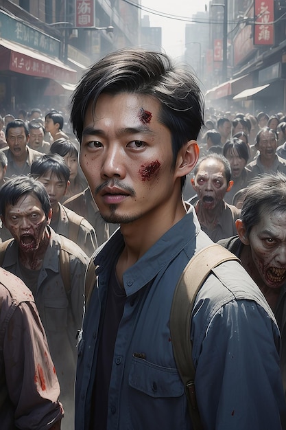 Daytime portrait of an Asian man on a busy street filled with a crowd of zombies