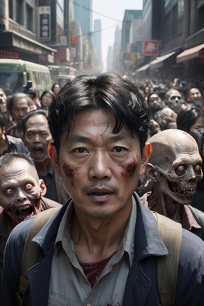 Daytime portrait of an Asian man on a busy street filled with a crowd of zombies