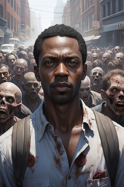 Daytime portrait of a black man on a busy street filled with a crowd of zombies