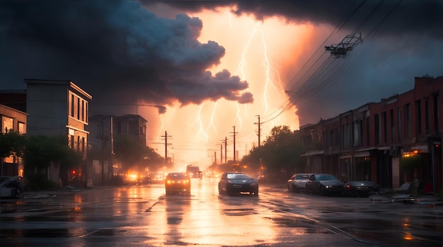 Daytime urban ghetto storm with lightening AI Generative