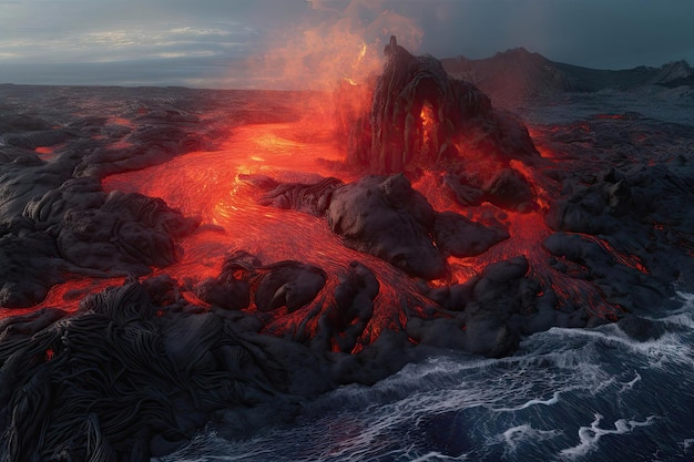 Daytime volcanic eruption on Reykjanes peninsula Lava shoots up from the crater above Crater from Fagradalsfjall volcano in Iceland in GeoPark Clouds and steam in the sky