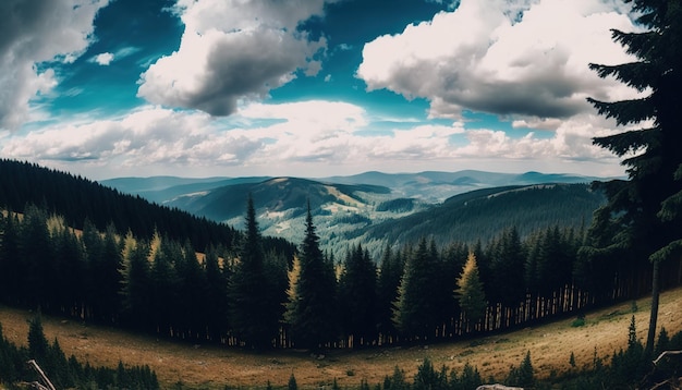 Daytime wide image of wooded hills set against a gloomy sky