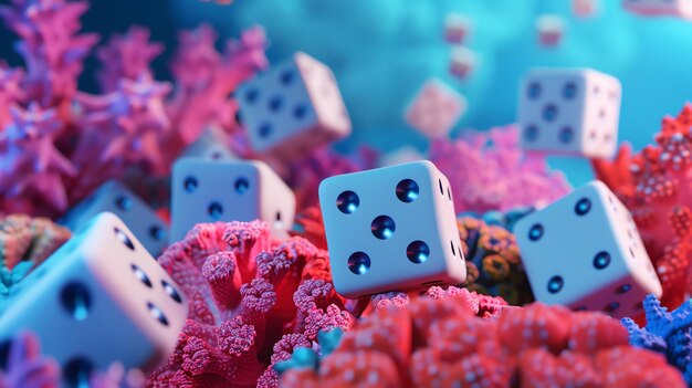 Photo dazzling 3d illustration of a surreal underwater scene where a group of translucent dice float among vibrant coral reefs