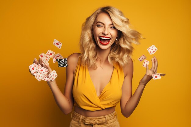 Dazzling blonde belle embracing casino chips radiantly laughing at hilarious joke ar 32