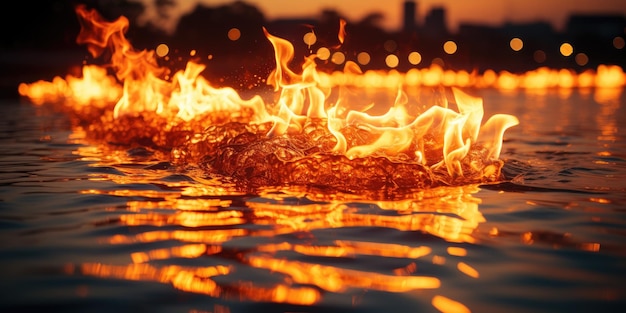 사진 눈부신 모닥불의 불꽃이 잔잔한 호수에 반사되었습니다.