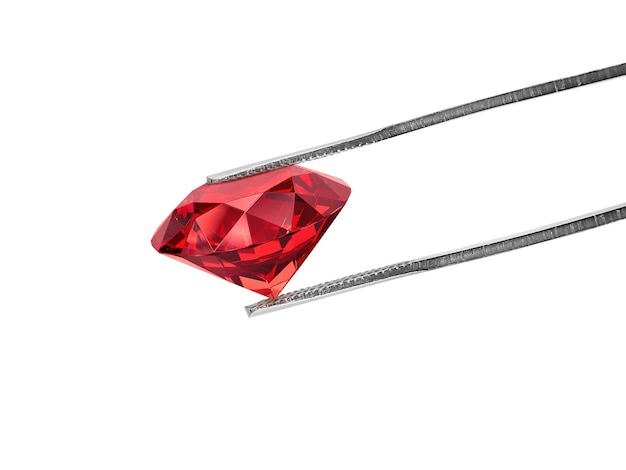 Dazzling diamond red on white background held in diamond tweezers 3d render