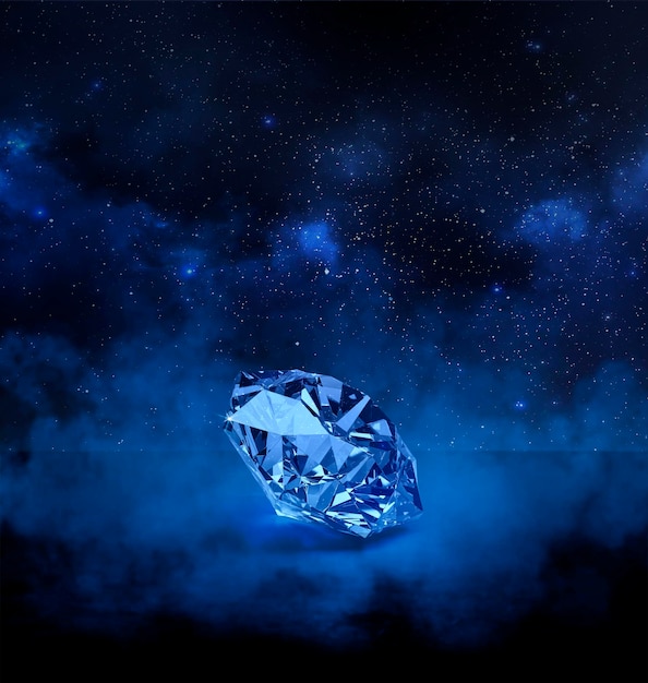 Dazzling diamond on stars background and smoke