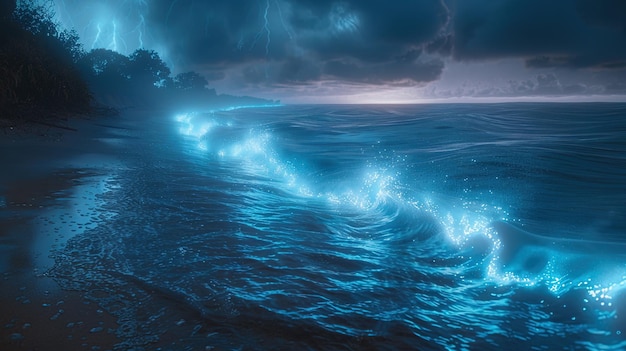 A dazzling display of bioluminescent waves illuminates the night along a secluded beac