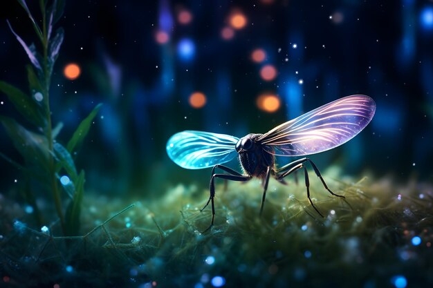a dazzling firefly emitting its soft glow in the darkness of a summer night with a starry sky