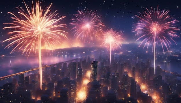 A dazzling fireworks display over a city skyline vibrant high detail night scene