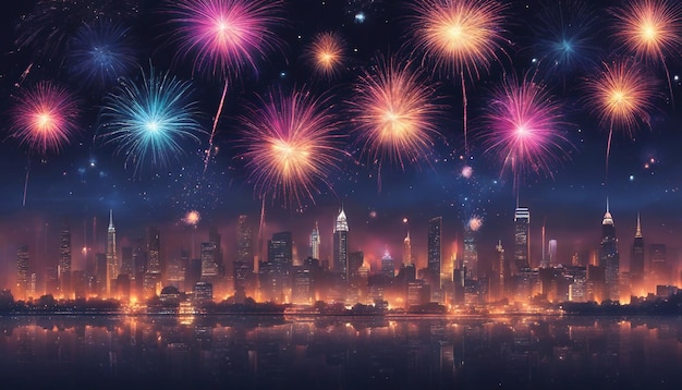 街のスカイラインの上に輝く花火の展示 活発な高詳細な夜のシーン