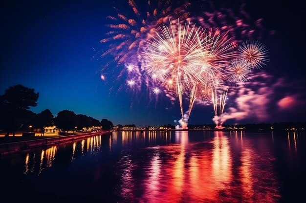 Dazzling Fireworks A Spectacle of Blue White and Red Illumination Generative AI