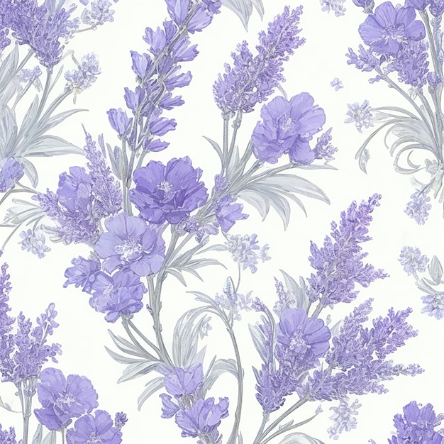 A dazzling floral wallpaper of lavender and sky blue with a intricate white and purple pattern